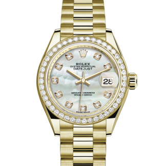 replica Rolex Lady-Datejust Oyster 28 mm geelgoud en diamanten Witte wijzerplaat M279138RBR-0015